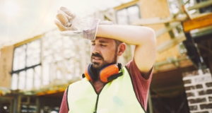Heat stroke - a man is getting too warm and wiping his head with his forearm